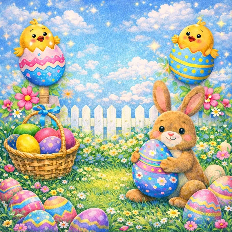 Easter bunny and chicks with eggs